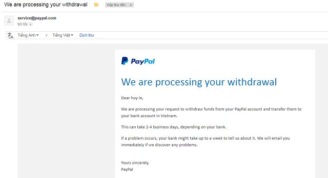 Thông báo chuyển tiền Paypal gửi về email cho khách hàng